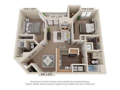 Floor plan for 2 beds, 2 baths, 885 sqft